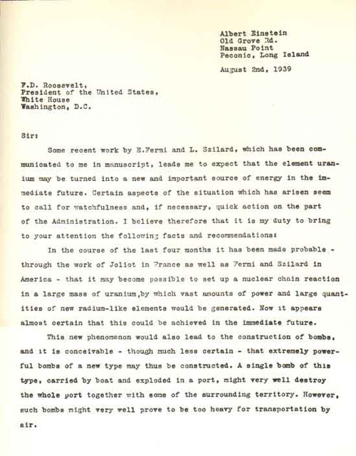 Einstein's letter to Franklin D. Roosevelt